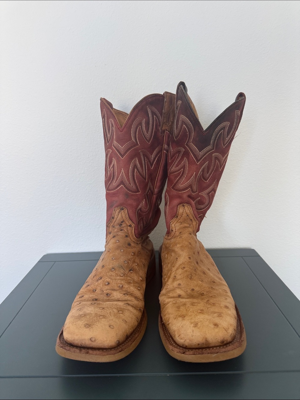 Classic Tan Ostrich Cowboy Boots with Burgundy Shaft